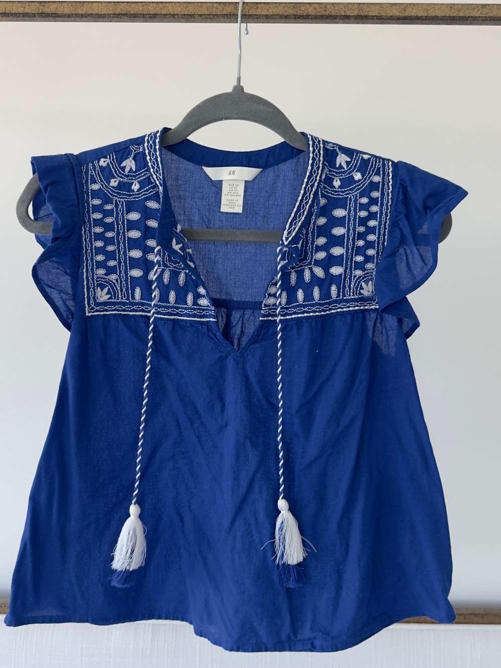 H&M Royal Blue Embroidered Tassel Camisole Top